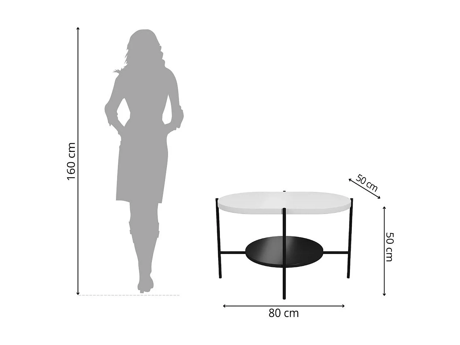Table basse moderne ARENA / Base noire + Plateau blanc et noir / 80 x 50 cm