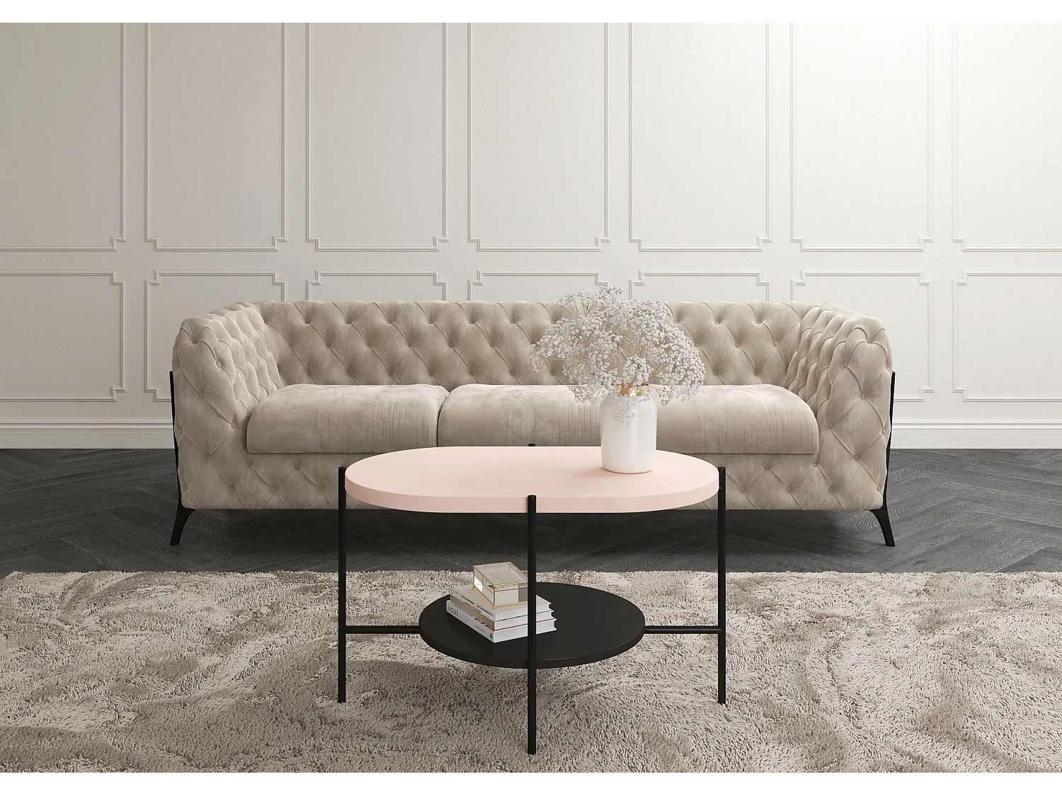 Table basse moderne ARENA / base noire + plateau rose et noir / 80 x 50 cm