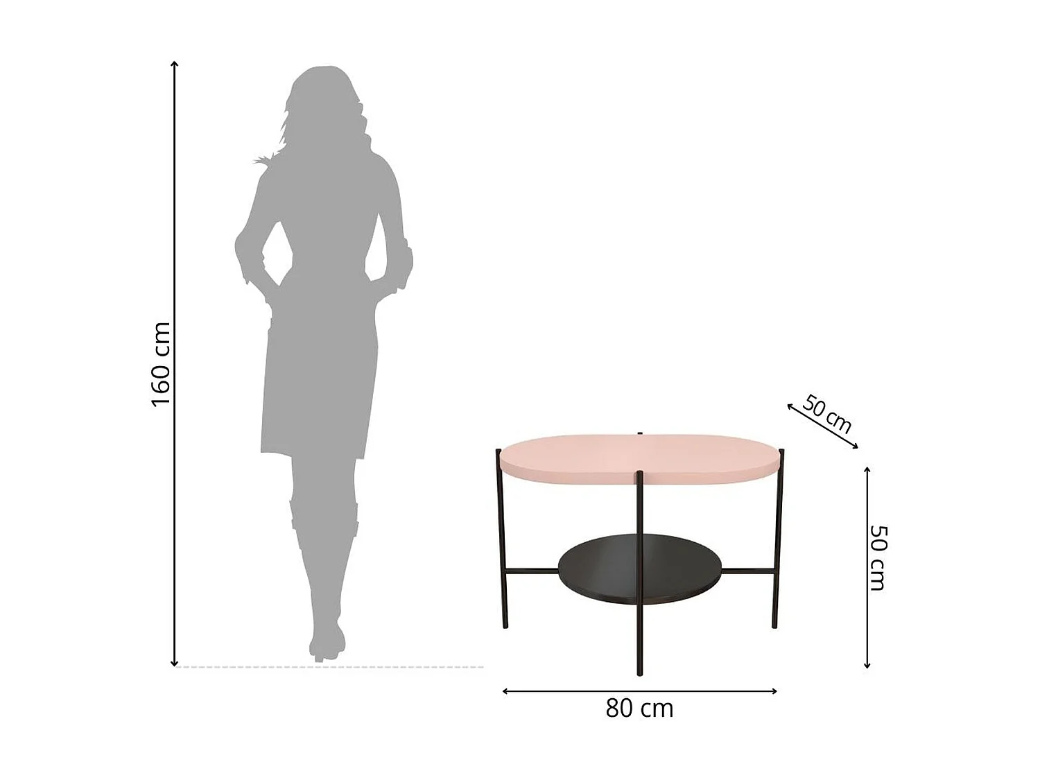 Table basse moderne ARENA / base noire + plateau rose et noir / 80 x 50 cm