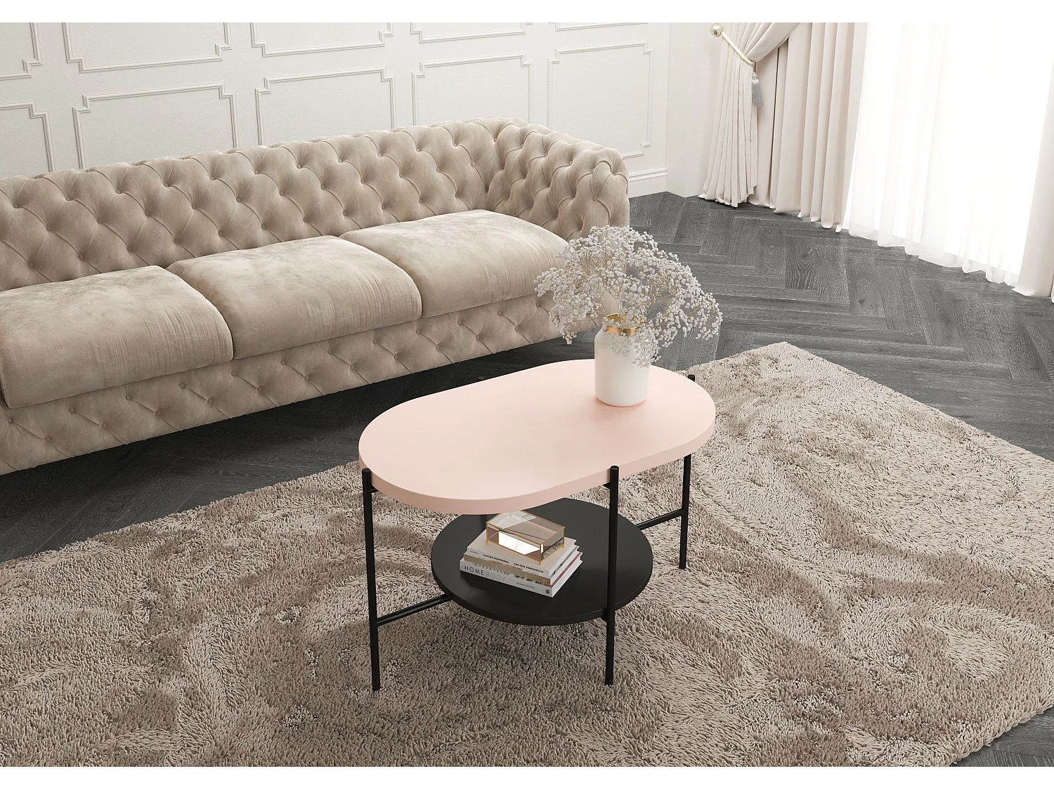 Table basse moderne ARENA / base noire + plateau rose et noir / 80 x 50 cm