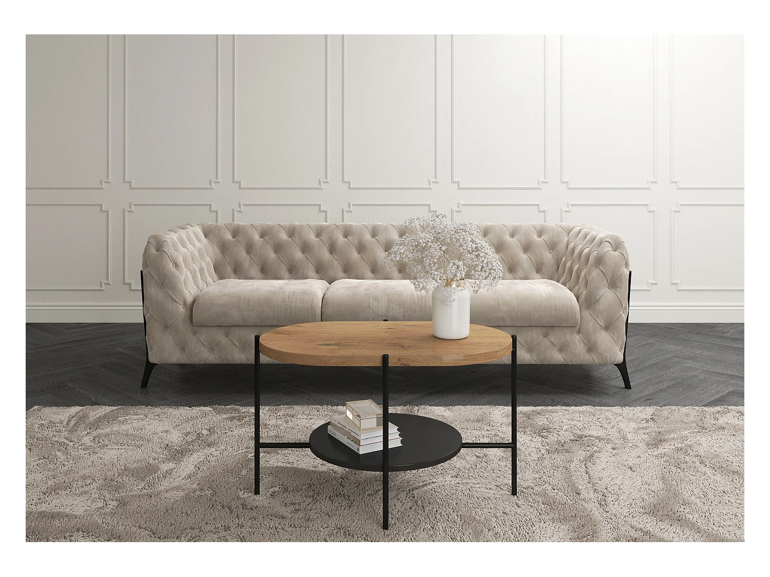 Table basse moderne ARENA / Pieds noirs + Plateau chêne et noir / 80 x 50 cm