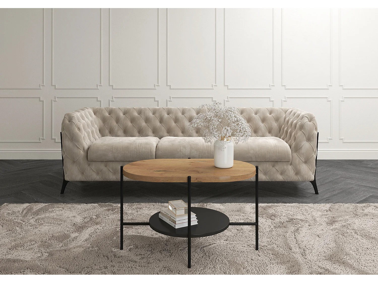 Table basse moderne ARENA / Pieds noirs + Plateau chêne et noir / 80 x 50 cm