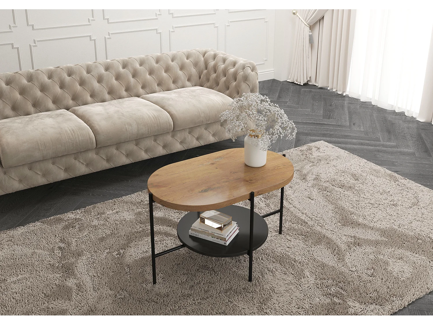 Table basse moderne ARENA / Pieds noirs + Plateau chêne et noir / 80 x 50 cm