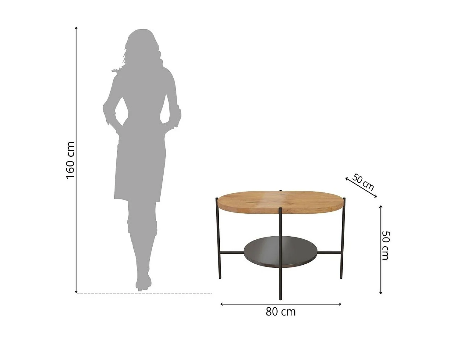 Table basse moderne ARENA / Pieds noirs + Plateau chêne et noir / 80 x 50 cm