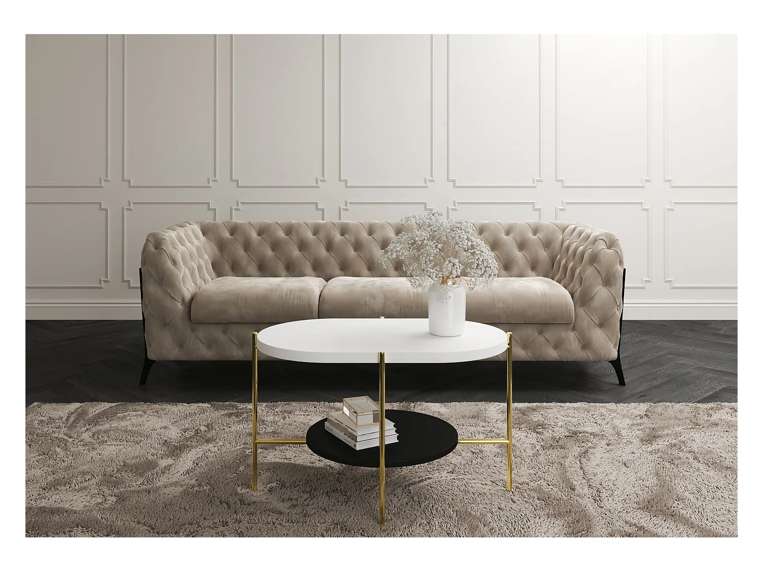 Table basse moderne ARENA / Base dorée + Plateau blanc et noi / 80 x 50 cm