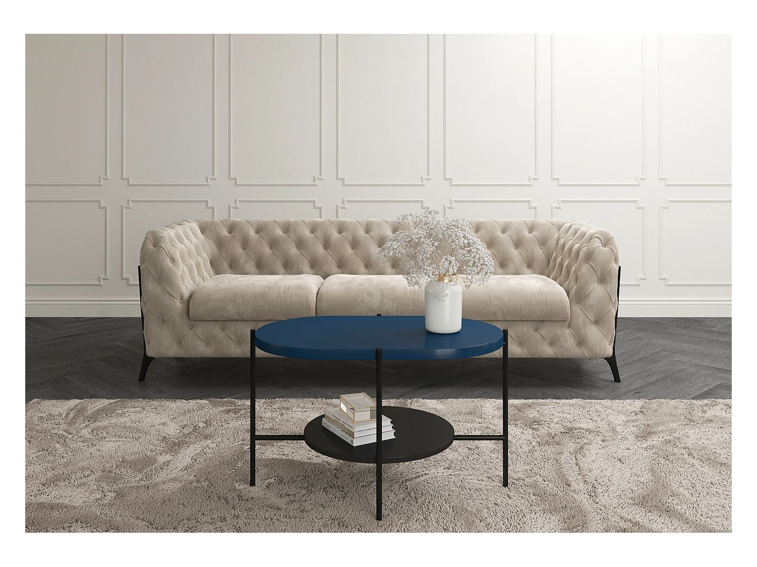 Table basse moderne ARENA / Base noire + Plateau bleu marine et noir / 80 x 50 cm