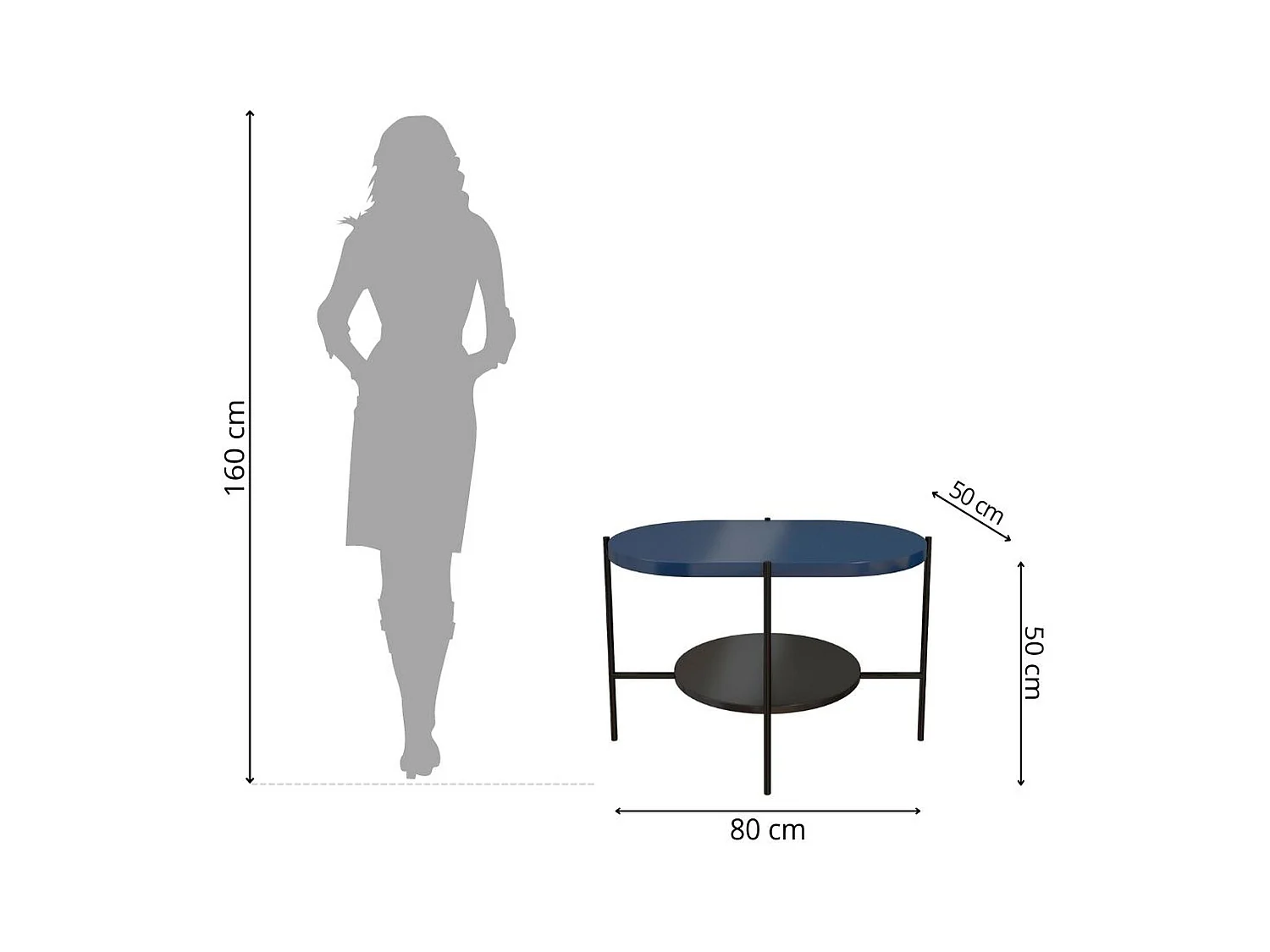Table basse moderne ARENA / Base noire + Plateau bleu marine et noir / 80 x 50 cm