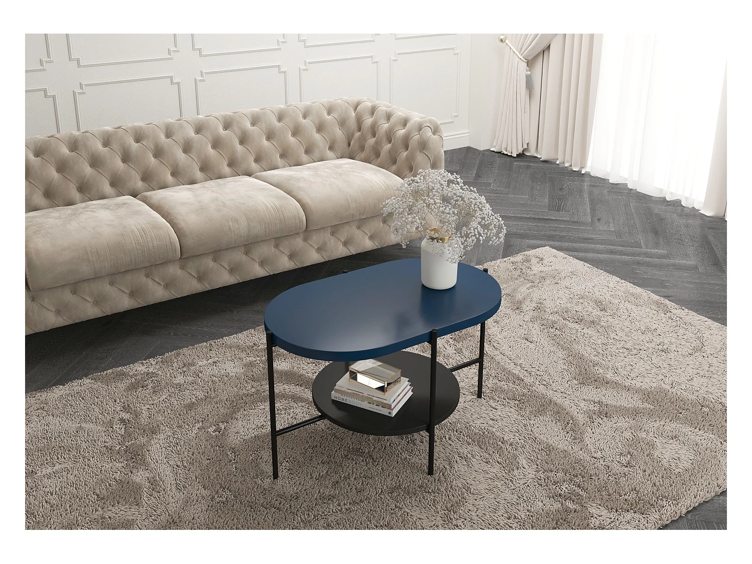 Table basse moderne ARENA / Base noire + Plateau bleu marine et noir / 80 x 50 cm