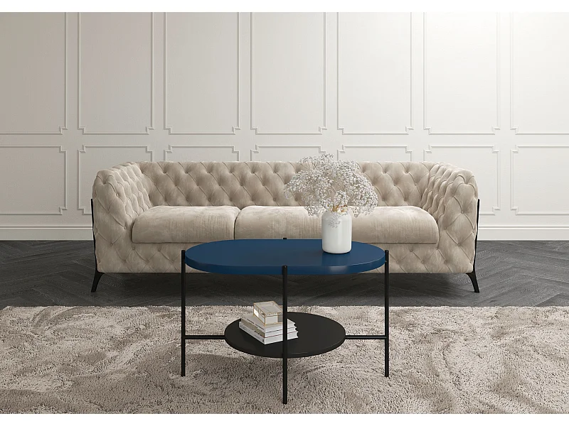 Table basse moderne ARENA / Base noire + Plateau bleu marine et noir / 80 x 50 cm