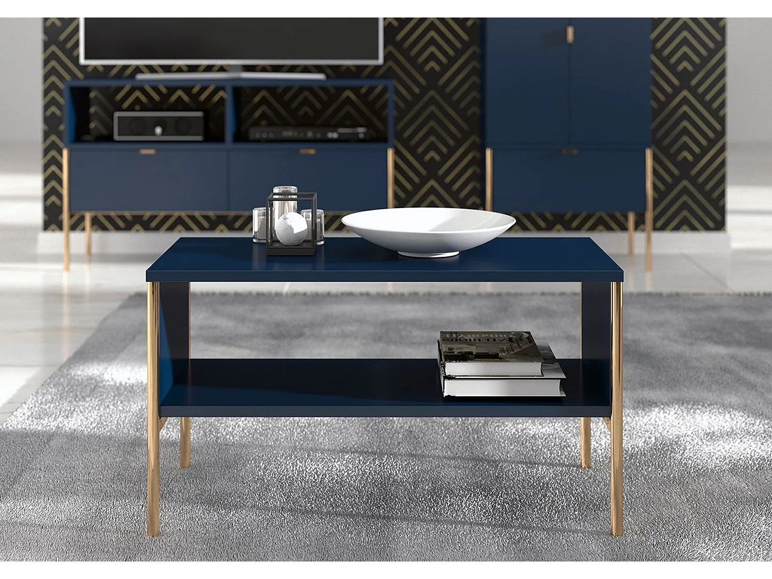 Table basse élégante bleu marine POLKA sur pieds dorés / 80 x 37 cm