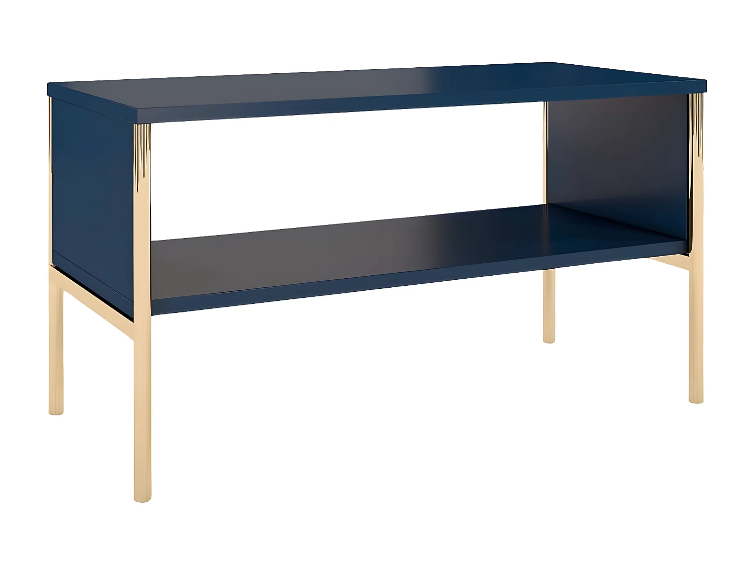 Table basse élégante bleu marine POLKA sur pieds dorés / 80 x 37 cm
