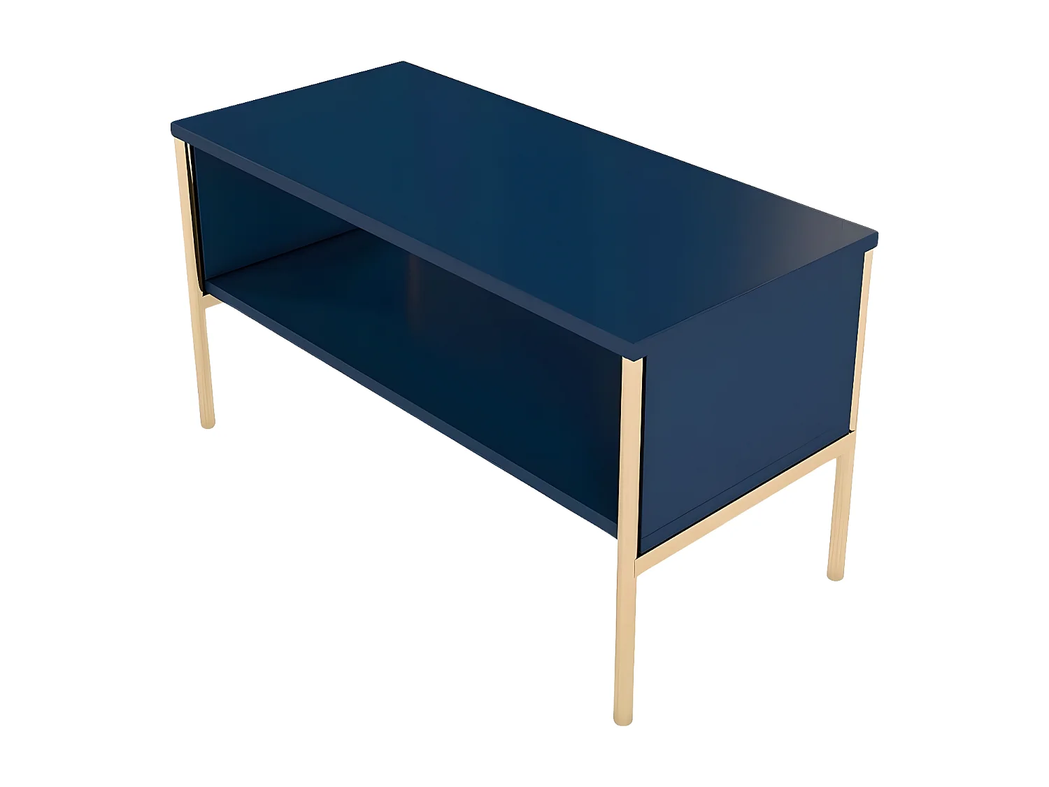Table basse élégante bleu marine POLKA sur pieds dorés / 80 x 37 cm