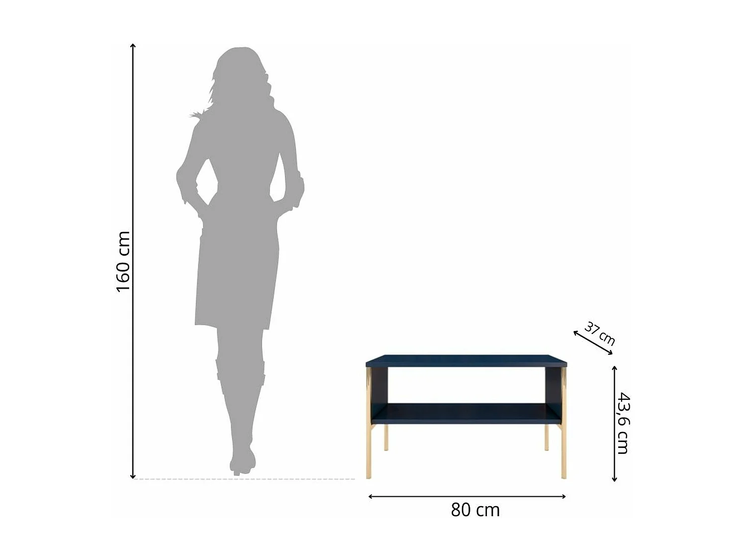 Table basse élégante bleu marine POLKA sur pieds dorés / 80 x 37 cm