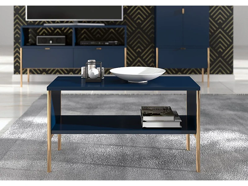 Table basse élégante bleu marine POLKA sur pieds dorés / 80 x 37 cm