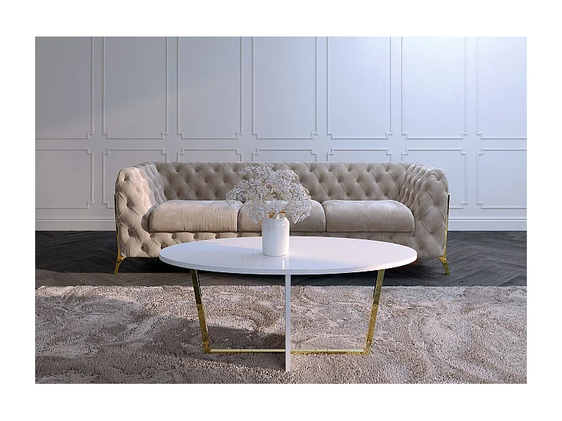 Table basse blanche ROCKET avec plateau en verre blanc et pied doré / 110 x 60 cm