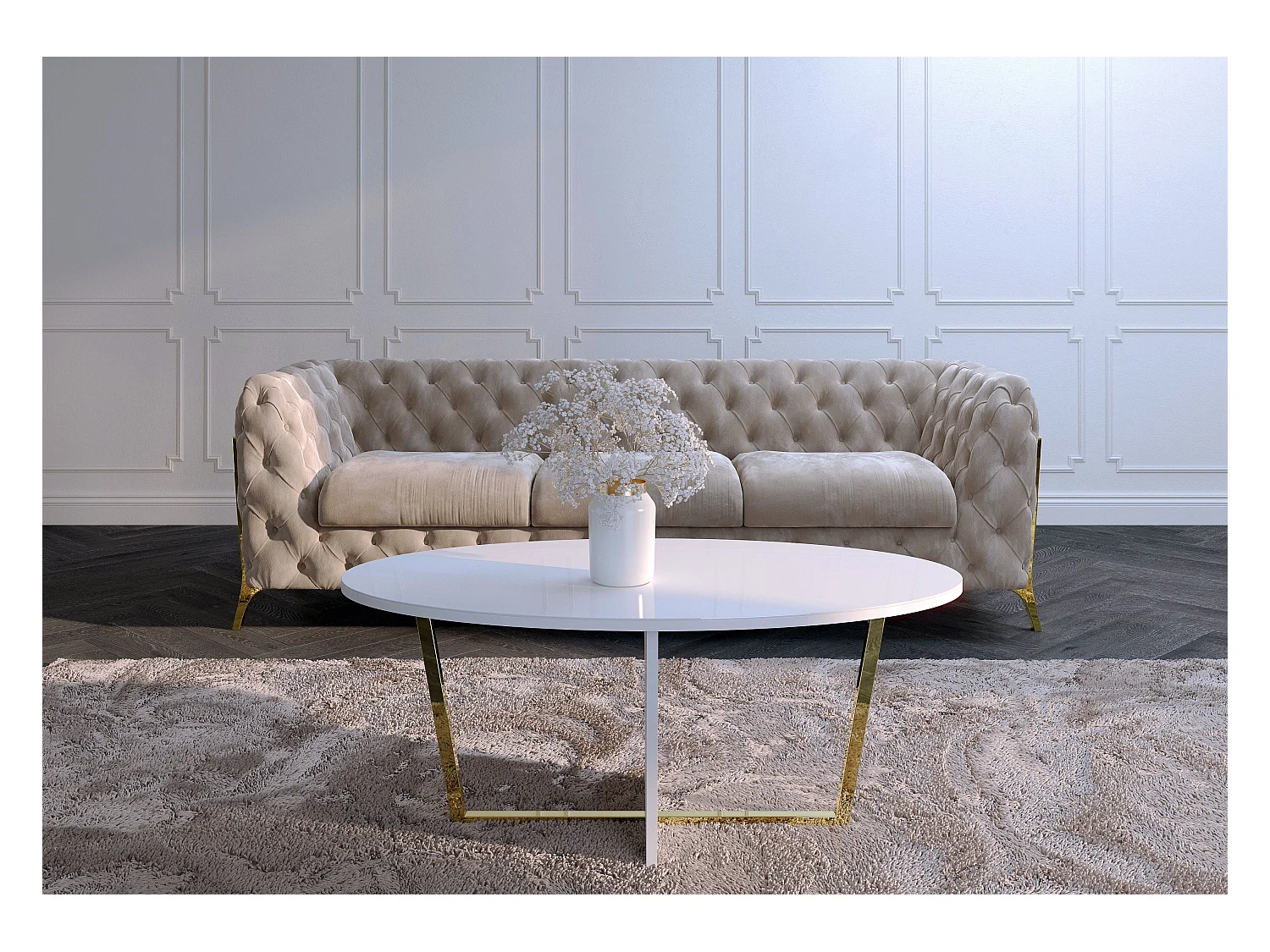 Table basse blanche ROCKET avec plateau en verre blanc et pied doré / 110 x 60 cm