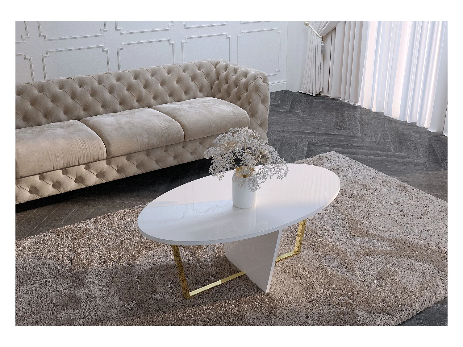 Table basse blanche ROCKET avec plateau en verre blanc et pied doré / 110 x 60 cm