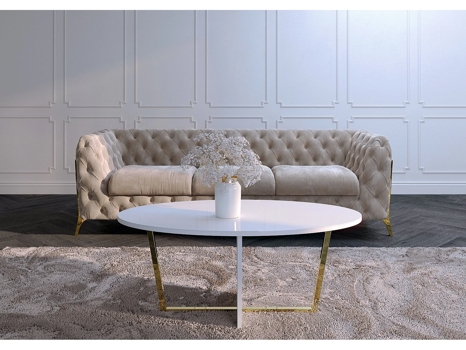 Table basse blanche ROCKET avec plateau en verre blanc et pied doré / 110 x 60 cm