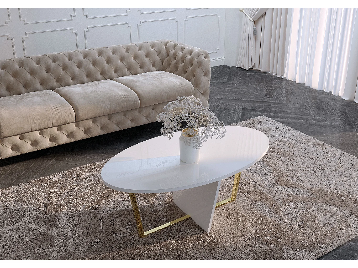 Table basse blanche ROCKET avec plateau en verre blanc et pied doré / 110 x 60 cm