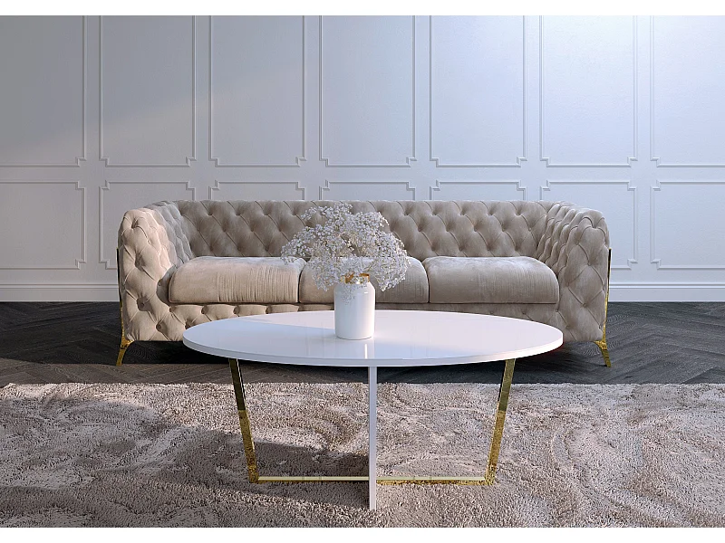 Table basse blanche ROCKET avec plateau en verre blanc et pied doré / 110 x 60 cm