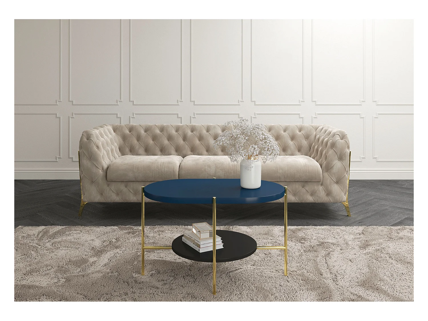 Table basse moderne ARENA / Pieds dorés + Plateau bleu marine et noir / 80 x 50 cm