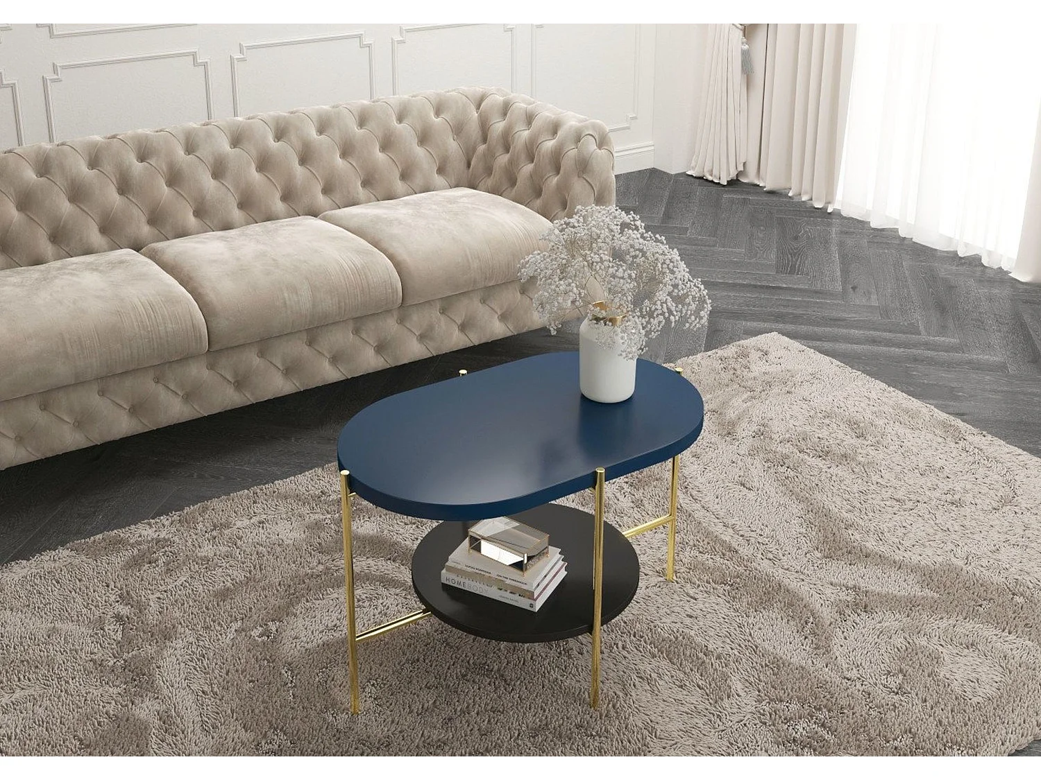 Table basse moderne ARENA / Pieds dorés + Plateau bleu marine et noir / 80 x 50 cm