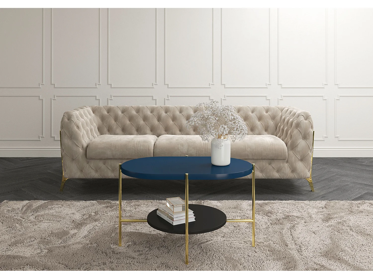 Table basse moderne ARENA / Pieds dorés + Plateau bleu marine et noir / 80 x 50 cm