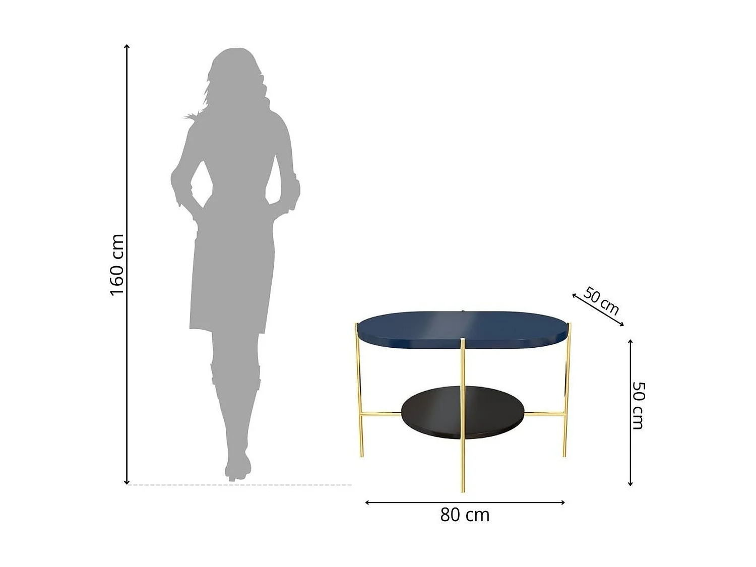 Table basse moderne ARENA / Pieds dorés + Plateau bleu marine et noir / 80 x 50 cm