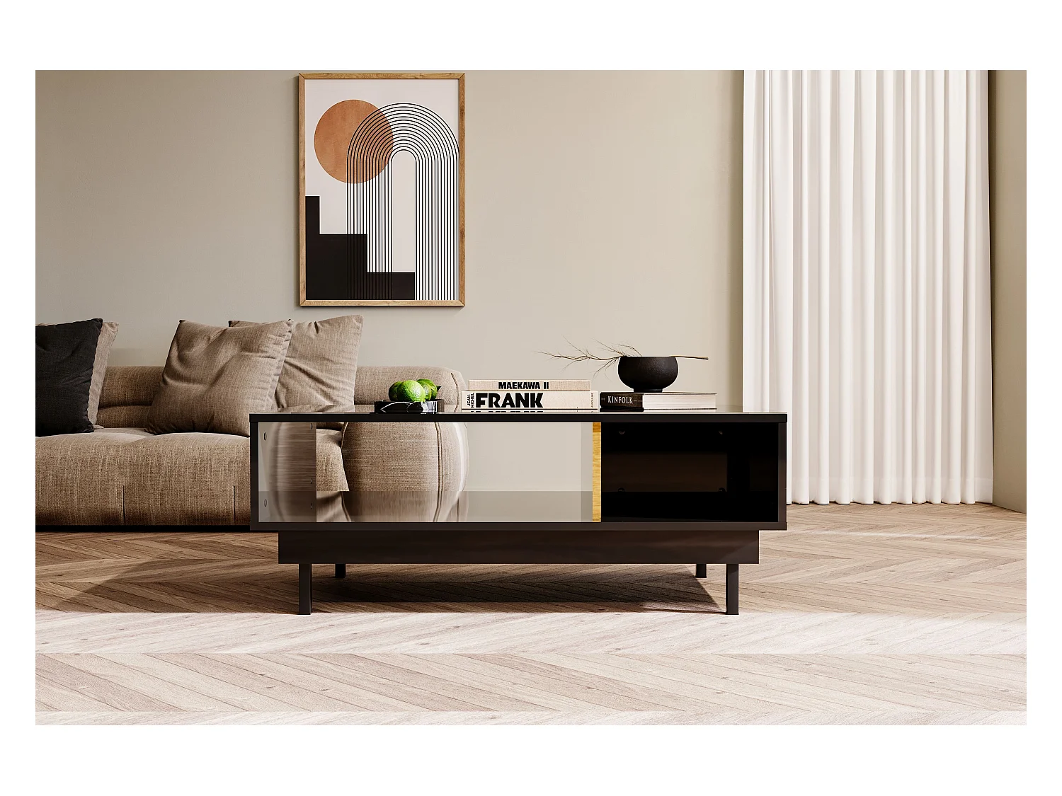 Table basse élégante noire ARTEMISA avec des accessoires dorés / 115 x 69 cm