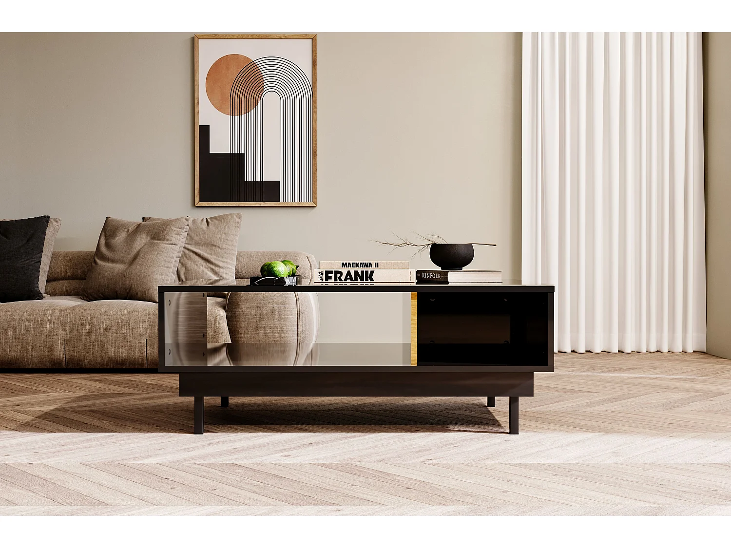 Couchtisch Artemisa schwarz, goldener akzent, hochglanz