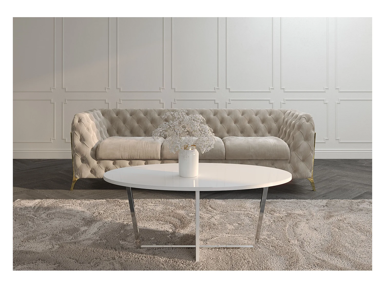 Table basse blanche ROCKET avec plateau en verre blanc et pied argenté / 110 x 60 cm