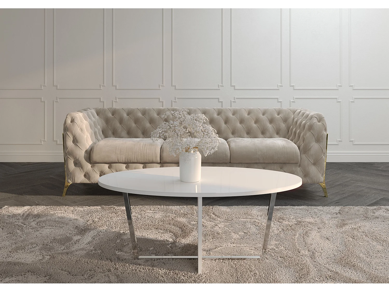 Table basse blanche ROCKET avec plateau en verre blanc et pied argenté / 110 x 60 cm