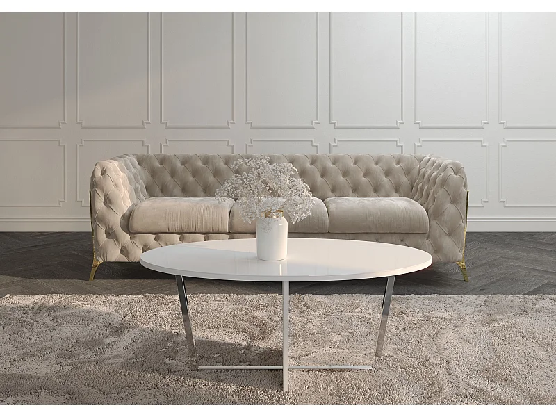 Table basse blanche ROCKET avec plateau en verre blanc et pied argenté / 110 x 60 cm