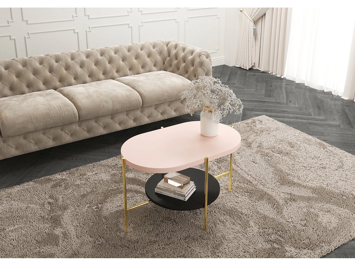 Table basse moderne ARENA / Base dorée + Plateau rose et noir / 80 x 50 cm