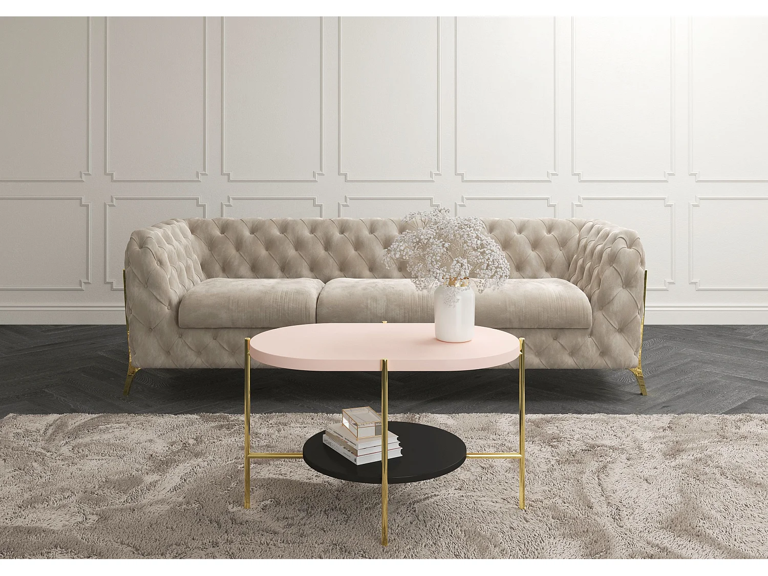 Table basse moderne ARENA / Base dorée + Plateau rose et noir / 80 x 50 cm