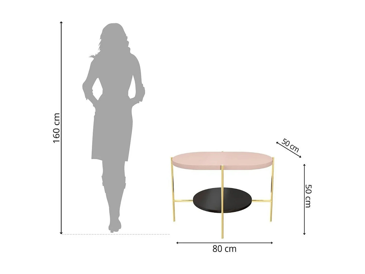 Table basse moderne ARENA / Base dorée + Plateau rose et noir / 80 x 50 cm