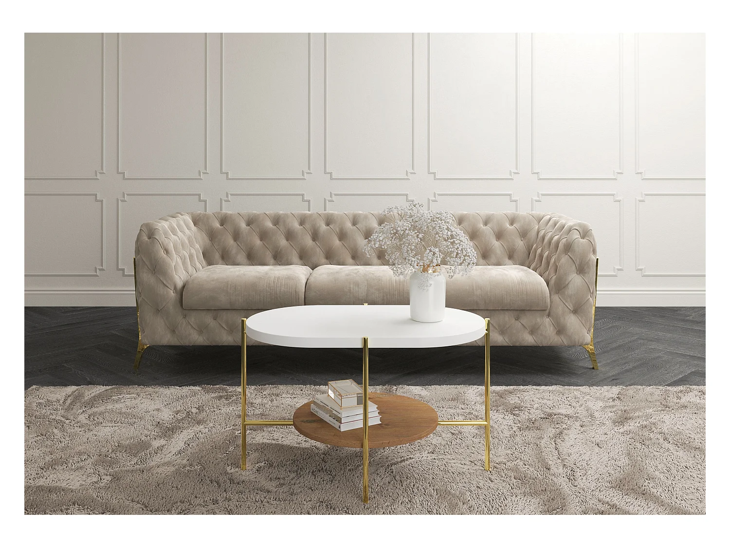 Table basse moderne ARENA / Pieds dorés + Plateau blanc et chêne / 80 x 50 cm