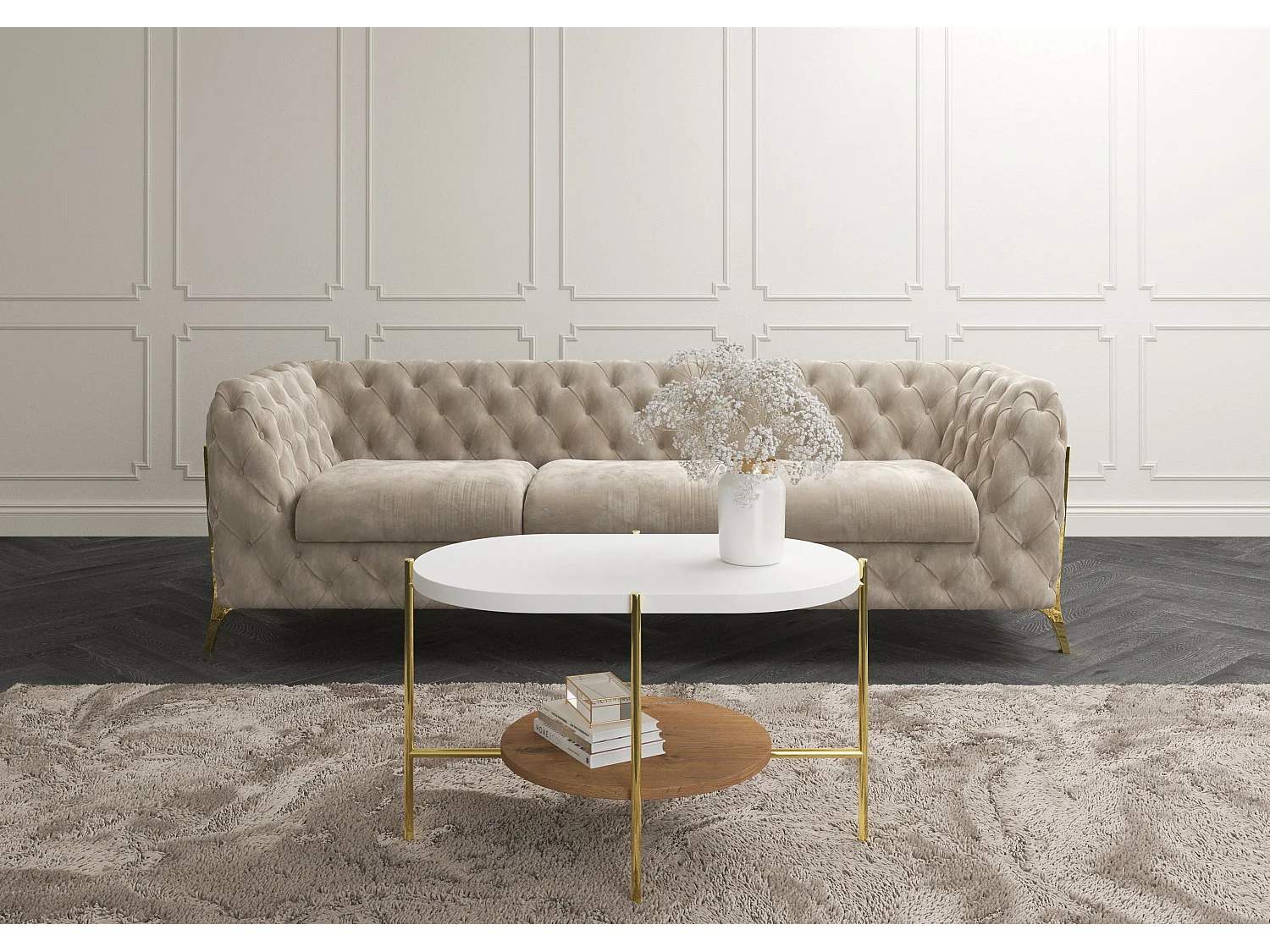 Couchtisch Arena weiß, gold, oval