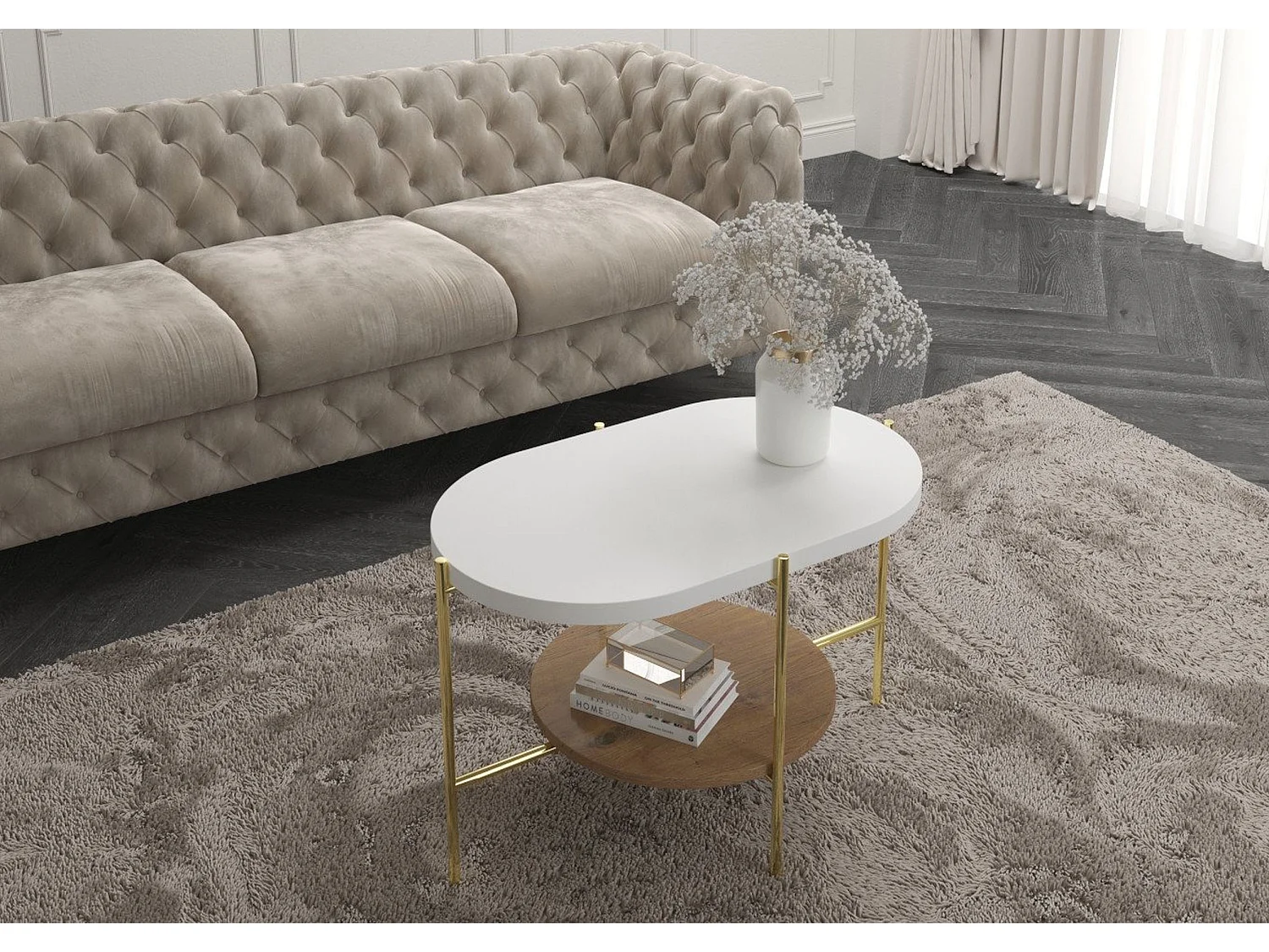 Couchtisch Arena weiß, gold, oval