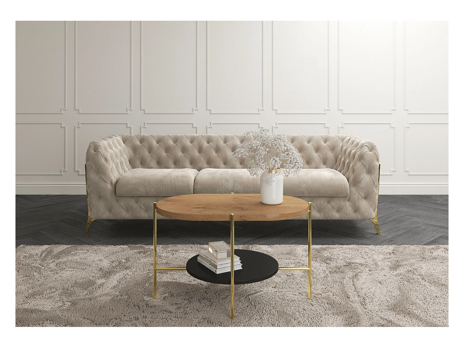 Table basse moderne ARENA / Base dorée + Plateau en chêne et noir / 80 x 50 cm