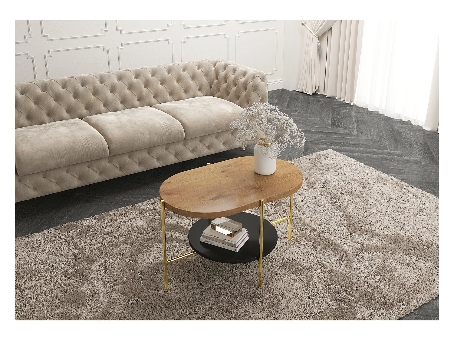 Table basse moderne ARENA / Base dorée + Plateau en chêne et noir / 80 x 50 cm