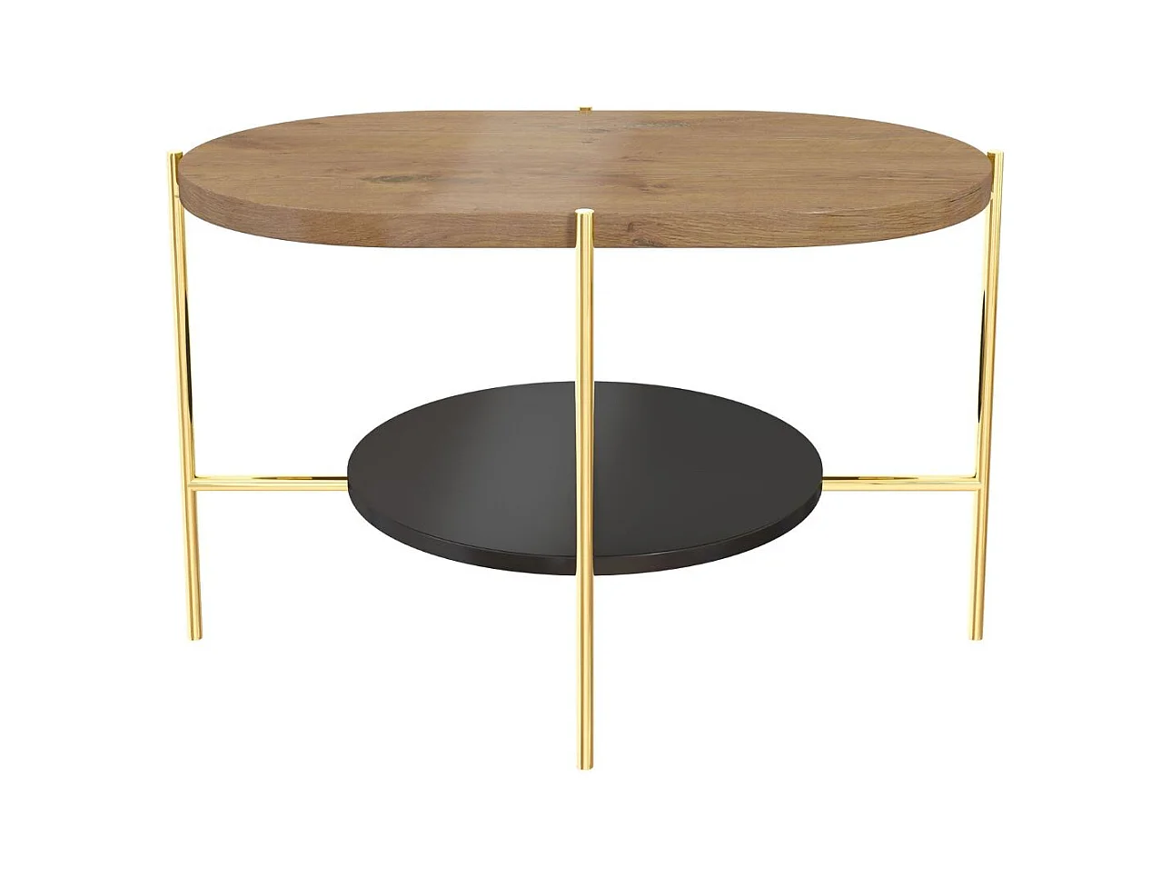 Table basse moderne ARENA / Base dorée + Plateau en chêne et noir / 80 x 50 cm