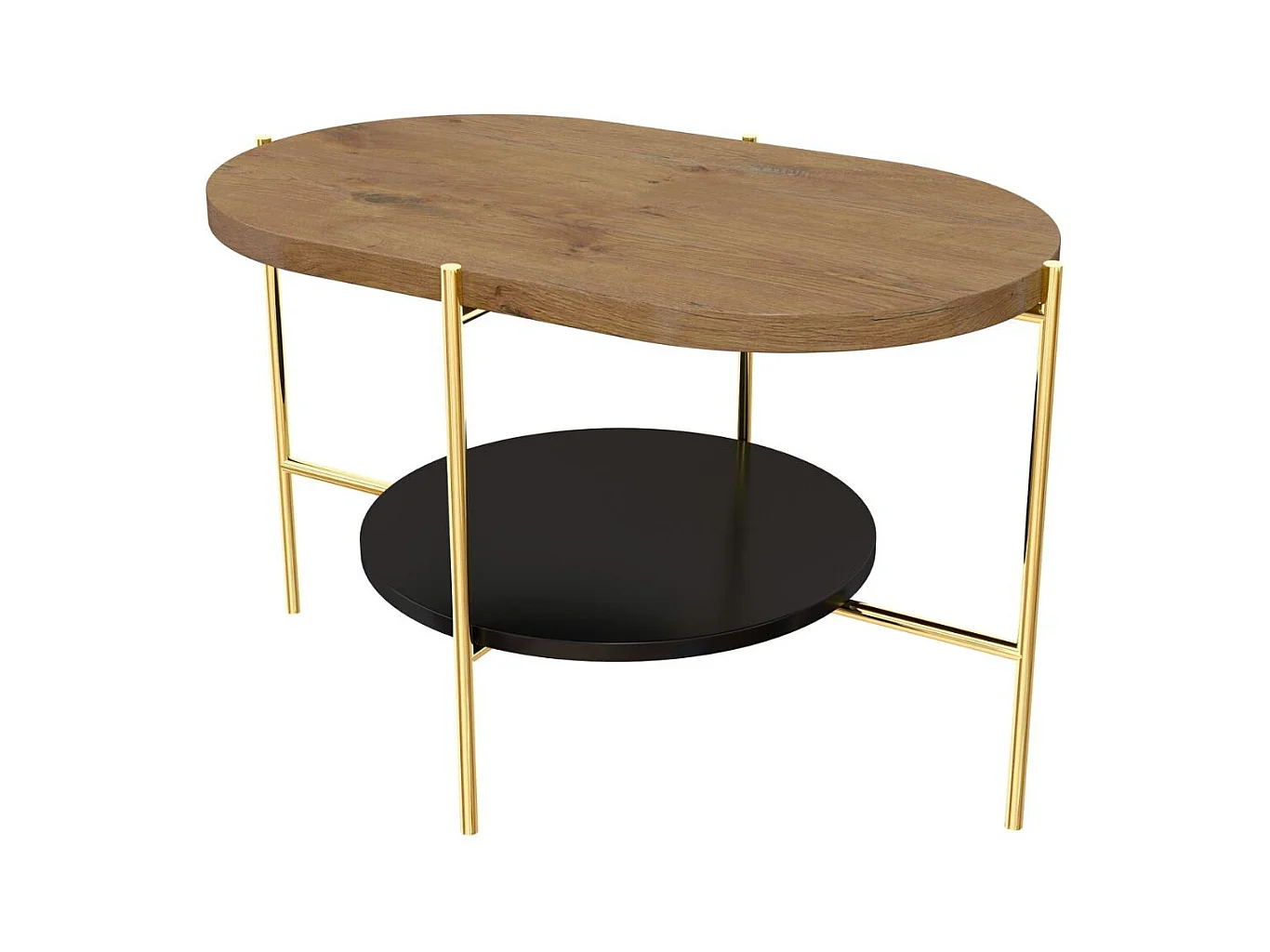 Table basse moderne ARENA / Base dorée + Plateau en chêne et noir / 80 x 50 cm