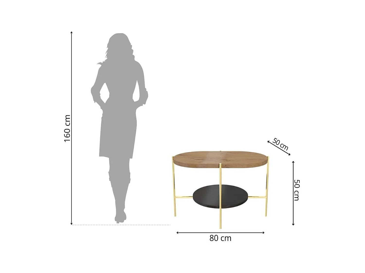 Table basse moderne ARENA / Base dorée + Plateau en chêne et noir / 80 x 50 cm