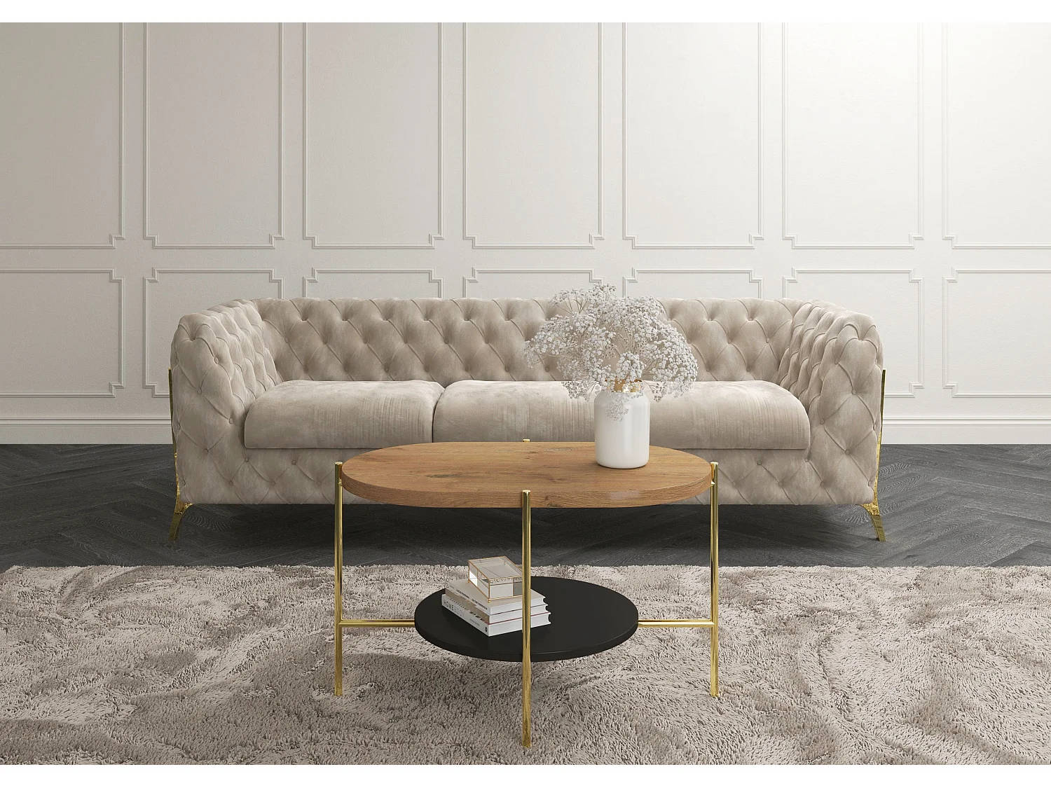 Table basse moderne ARENA / Base dorée + Plateau en chêne et noir / 80 x 50 cm