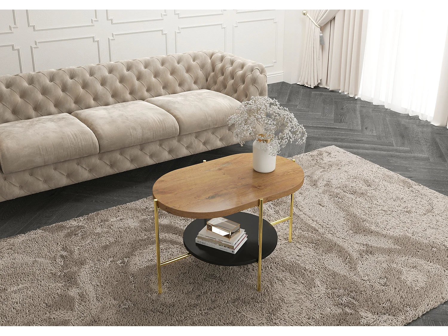 Table basse moderne ARENA / Base dorée + Plateau en chêne et noir / 80 x 50 cm