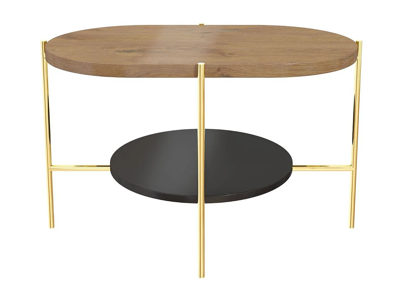 Table basse moderne ARENA / Base dorée + Plateau en chêne et noir / 80 x 50 cm