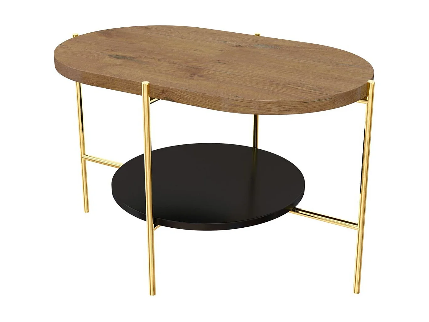 Table basse moderne ARENA / Base dorée + Plateau en chêne et noir / 80 x 50 cm