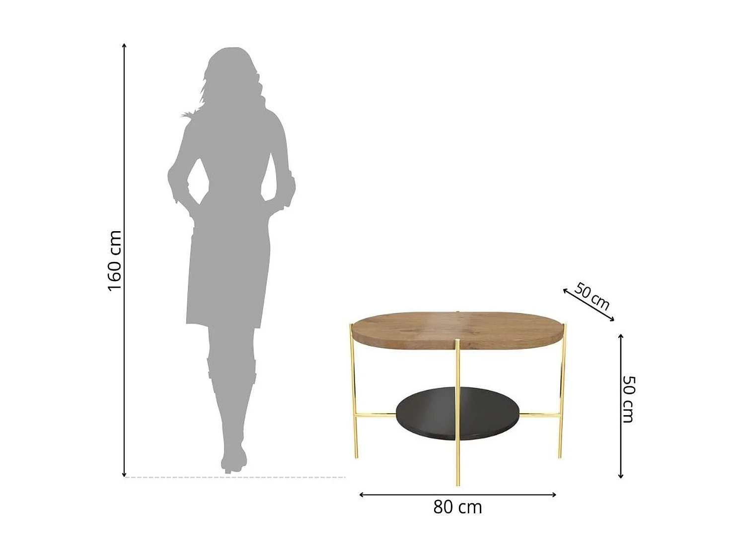 Table basse moderne ARENA / Base dorée + Plateau en chêne et noir / 80 x 50 cm