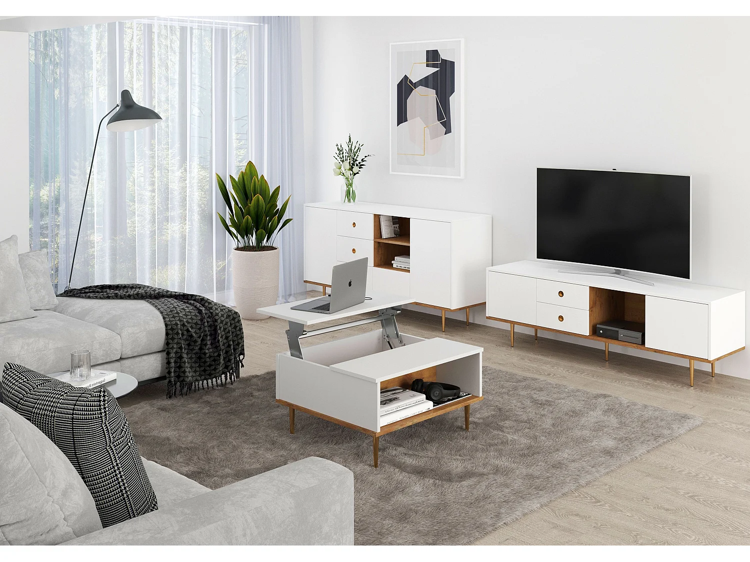 Biały stolik kawowy Skandica HARMONI z otwieranym blatem